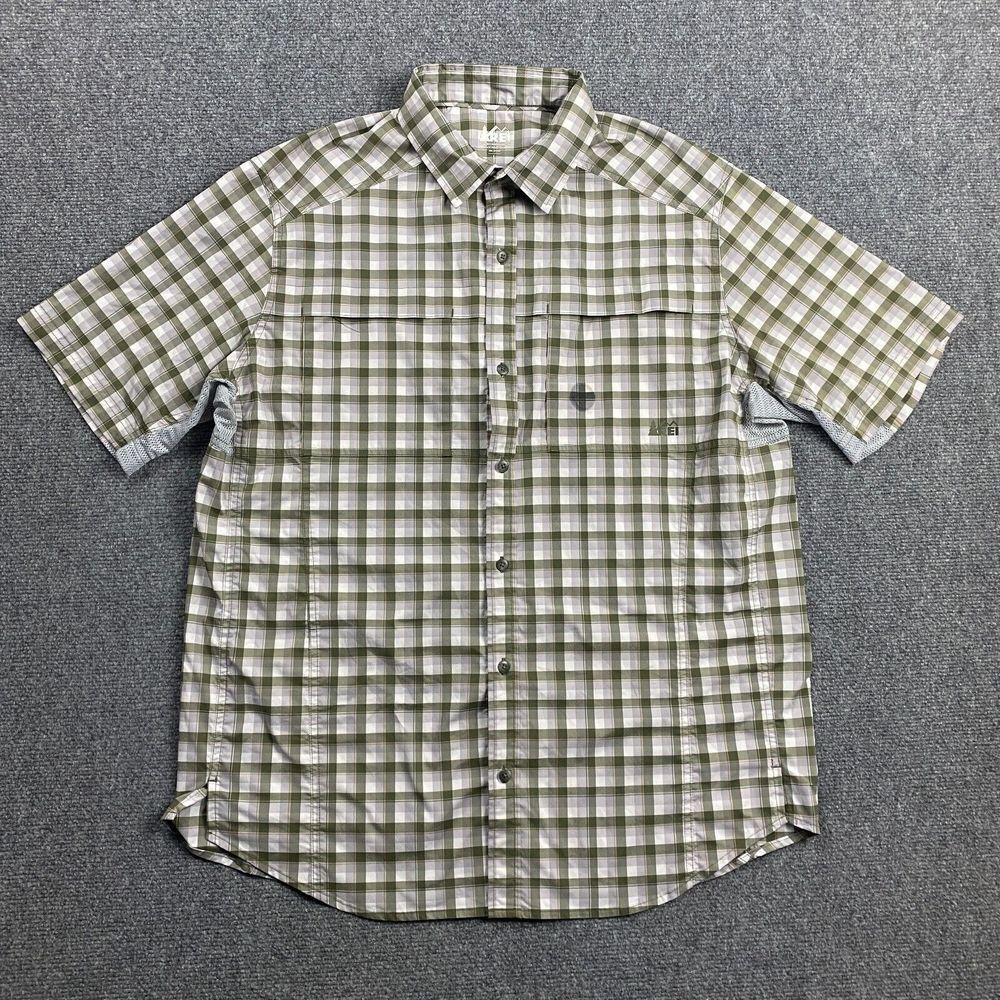 REI Shirt Men's‎ Large Gingham Green Button Up Vented Short Sleeve Polyester